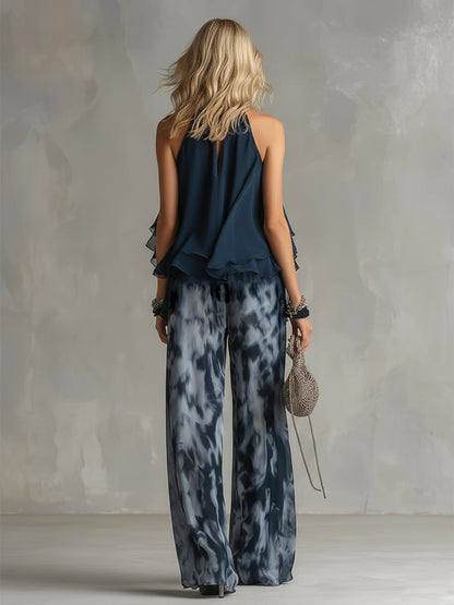Zephyra | Halter Neck Ruffle Top Tie Dye Print Wide Leg Two Piece Set