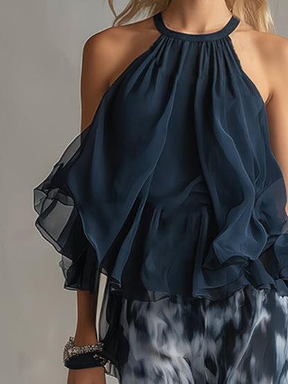 Zephyra | Halter Neck Ruffle Top Tie Dye Print Wide Leg Two Piece Set