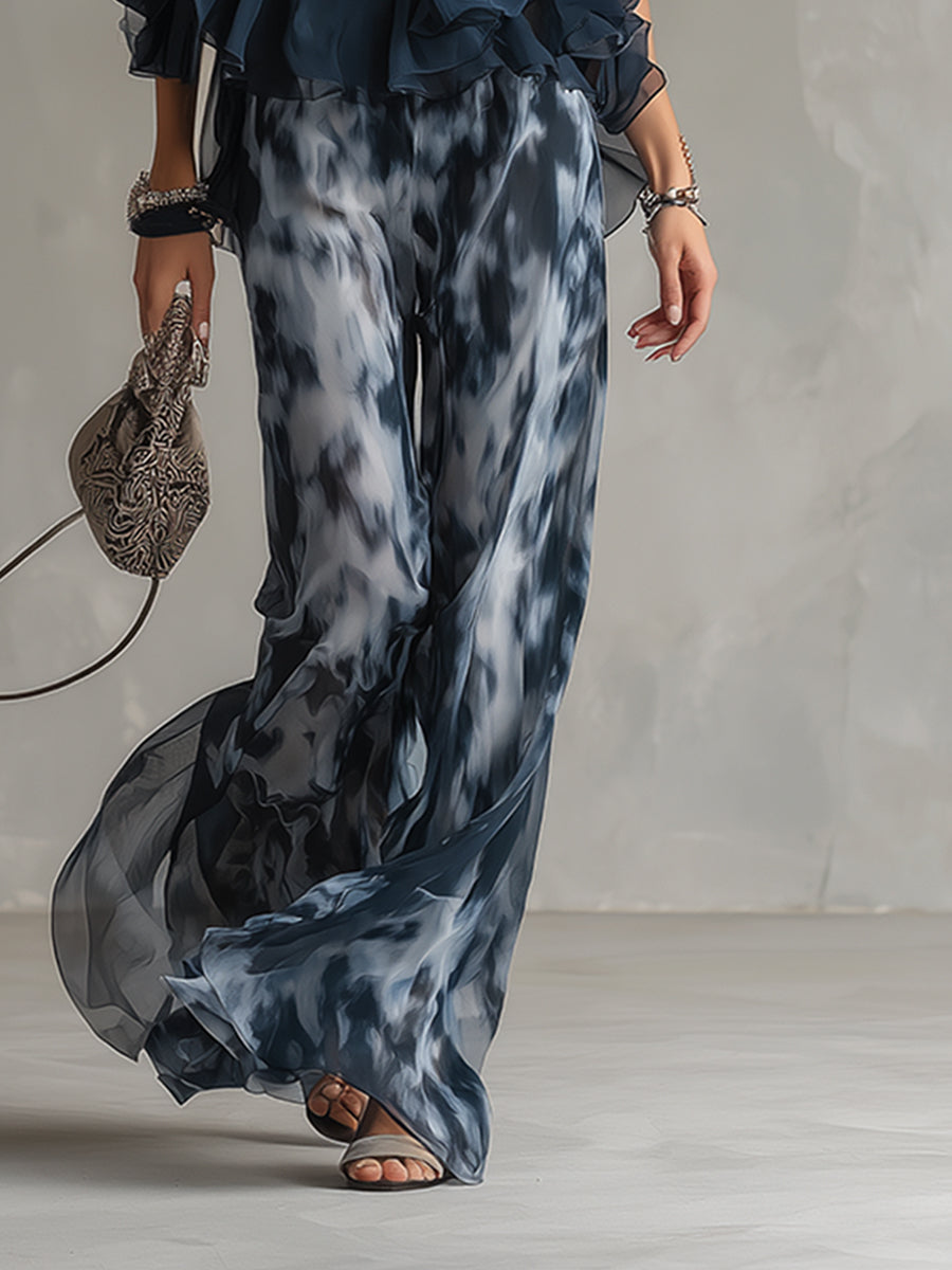 Zephyra | Halter Neck Ruffle Top Tie Dye Print Wide Leg Two Piece Set